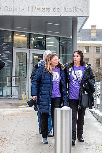 MIKAELA MACKENZIE / WINNIPEG FREE PRESS

Karen Reimer (mother of the victim, left) and close friend Adair Lisso exit the law courts for a lunch break during the sentencing hearing for Tyler Goodman on Friday, Nov. 10, 2023. For Dean story.
Winnipeg Free Press 2023.