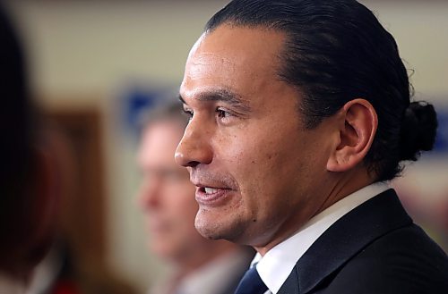 Manitoba Premier Wab Kinew answers questions from the media at the Brandon Chamber of Commerce building on Rosser Avenue on Friday morning. The premier announced the establishment of a Westman regional cavinet office that will act as a liason between families, businesses and community organizations in Westman and the Manitoba government. (Matt Goerzen/The Brandon Sun)