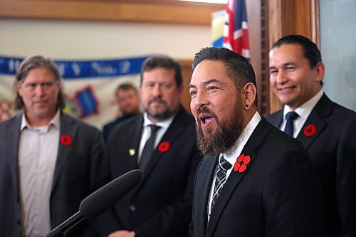 Flanked by City of Brandon Mayor Jeff Fawcett and Brandon East NDP MLA Glen Simard to the left and Manitoba Premier Wab Kinew on the right, former Brandon School Division trustee Jason Gobeil speaks to the media during an announcement at the Brandon Chamber of Commerce on Friday morning. Premier Kinew announced the establishment of a new westman regional cabinet office on Friday, led by Gobeil, that will act as a liason between families, businesses and community organizations in Westman, and the Manitoba government. (Matt Goerzen/The Brandon Sun)