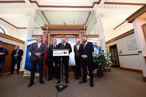Flanked by Brandon Mayor Jeff Fawcett and Manitoba Premier Wab Kinew on the left and Brandon University President Dr. David Docherty and former Brandon School Division trustee Jason Gobeil on the right, Brandon East NDP MLA Glen Simard introduces the premier during an announcement at the Brandon Chamber of Commerce on Friday morning. Premier Kinew announed the establishment of a new westman regional cabinet office, led by Gobeil, that will act as a liason between families, businesses and community organizations in Westman, and the Manitoba government. (Matt Goerzen/The Brandon Sun)
