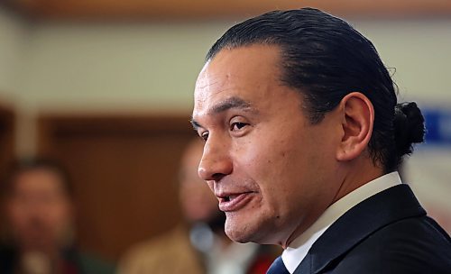 Manitoba Premier Wab Kinew answers questions from the media at the Brandon Chamber of Commerce building on Rosser Avenue on Friday morning. The premier announced the establishment of a Westman regional cavinet office that will act as a liason between families, businesses and community organizations in Westman and the Manitoba government. (Matt Goerzen/The Brandon Sun)