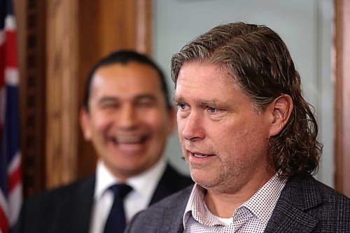 Manitoba Premier Wab Kinew laughs in the background while a straight-faced Brandon Mayor Jeff Fawcett cracks a joke on Friday morning, while taking questions from the media at the Brandon Chamber of Commerce building on Rosser Avenue. The province announced the establishment of a Westman regional cavinet office that will act as a liason between families, businesses and community organizations in Westman and the Manitoba government. (Matt Goerzen/The Brandon Sun)