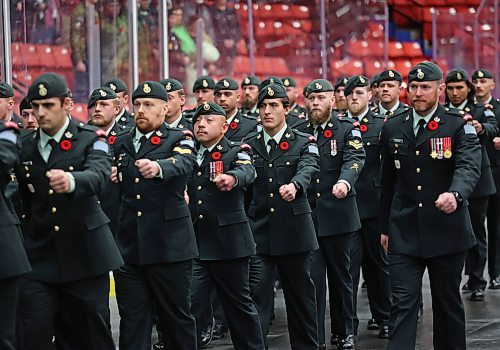 Members of CFB Shilo's Second Battalion Princess Patricia's Canadian Light Infantry march off in unison at the end of Brandon's Remembrance Day ceremony at the Keystone Centre on Friday morning. (Matt Goerzen/The Brandon Sun) 