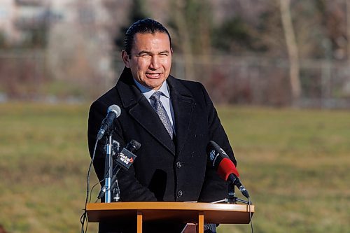 MIKE DEAL / WINNIPEG FREE PRESS
Manitoba Premier, Wab Kinew, speaks during the ceremony.
A ground breaking ceremony takes place in the Naawi-Oodena Urban Economic Development Zone, on the former Kapyong Barracks lands, Monday morning. Attended by federal MP Ben Carr, Premier Wab Kinew, Winnipeg Mayor Scott Gillingham, Chief Gordon BlueSky, Chief E.J. Fontaine, Grand Chief Cathy Merrick, Grand Chief Jerry Daniels, and Chief Sheldon Kent, along with many other dignitaries and guests.
231113 - Monday, November 13, 2023.