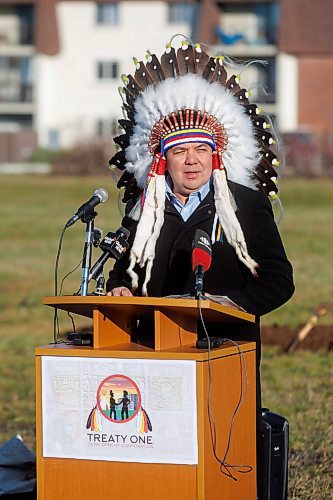 MIKE DEAL / WINNIPEG FREE PRESS
Gordon Bluesky, Chief of Brokenhead Ojibeway Nation, speaks during the ceremony.
A ground breaking ceremony takes place in the Naawi-Oodena Urban Economic Development Zone, on the former Kapyong Barracks lands, Monday morning. Attended by federal MP Ben Carr, Premier Wab Kinew, Winnipeg Mayor Scott Gillingham, Chief Gordon BlueSky, Chief E.J. Fontaine, Grand Chief Cathy Merrick, Grand Chief Jerry Daniels, and Chief Sheldon Kent, along with many other dignitaries and guests.
231113 - Monday, November 13, 2023.