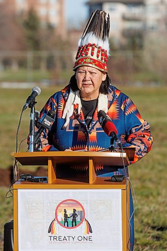 MIKE DEAL / WINNIPEG FREE PRESS
Cathy Merrick, Grand Chief of the Assembly of Manitoba Chiefs (AMC), speaks during the ceremony.
A ground breaking ceremony takes place in the Naawi-Oodena Urban Economic Development Zone, on the former Kapyong Barracks lands, Monday morning. Attended by federal MP Ben Carr, Premier Wab Kinew, Winnipeg Mayor Scott Gillingham, Chief Gordon BlueSky, Chief E.J. Fontaine, Grand Chief Cathy Merrick, Grand Chief Jerry Daniels, and Chief Sheldon Kent, along with many other dignitaries and guests.
231113 - Monday, November 13, 2023.