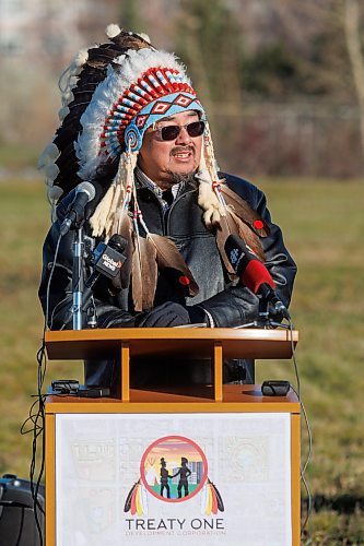 MIKE DEAL / WINNIPEG FREE PRESS
Sheldon Kent, Chief of Black River First Nation, speaks during the ceremony.
A ground breaking ceremony takes place in the Naawi-Oodena Urban Economic Development Zone, on the former Kapyong Barracks lands, Monday morning. Attended by federal MP Ben Carr, Premier Wab Kinew, Winnipeg Mayor Scott Gillingham, Chief Gordon BlueSky, Chief E.J. Fontaine, Grand Chief Cathy Merrick, Grand Chief Jerry Daniels, and Chief Sheldon Kent, along with many other dignitaries and guests.
231113 - Monday, November 13, 2023.