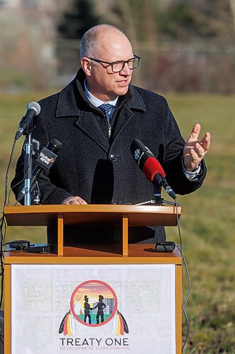 MIKE DEAL / WINNIPEG FREE PRESS
Winnipeg Mayor, Scott Gillingham, speaks during the ceremony.
A ground breaking ceremony takes place in the Naawi-Oodena Urban Economic Development Zone, on the former Kapyong Barracks lands, Monday morning. Attended by federal MP Ben Carr, Premier Wab Kinew, Winnipeg Mayor Scott Gillingham, Chief Gordon BlueSky, Chief E.J. Fontaine, Grand Chief Cathy Merrick, Grand Chief Jerry Daniels, and Chief Sheldon Kent, along with many other dignitaries and guests.
231113 - Monday, November 13, 2023.