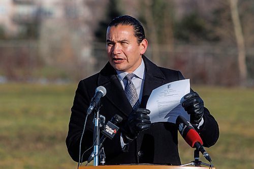 MIKE DEAL / WINNIPEG FREE PRESS
Manitoba Premier, Wab Kinew, holds up an Order in Council while he speaks during the ceremony. The order basically releases all rights the province might have with regards to Naawi-Oodena. 
A ground breaking ceremony takes place in the Naawi-Oodena Urban Economic Development Zone, on the former Kapyong Barracks lands, Monday morning. Attended by federal MP Ben Carr, Premier Wab Kinew, Winnipeg Mayor Scott Gillingham, Chief Gordon BlueSky, Chief E.J. Fontaine, Grand Chief Cathy Merrick, Grand Chief Jerry Daniels, and Chief Sheldon Kent, along with many other dignitaries and guests.
231113 - Monday, November 13, 2023.