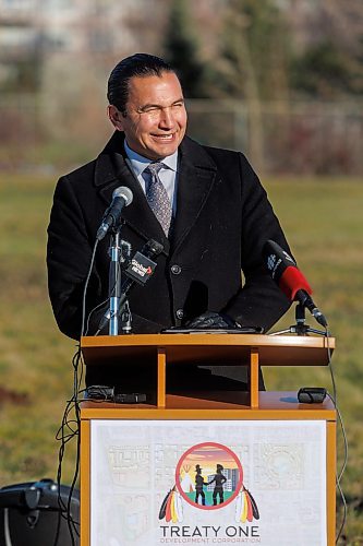 MIKE DEAL / WINNIPEG FREE PRESS
Manitoba Premier, Wab Kinew, speaks during the ceremony.
A ground breaking ceremony takes place in the Naawi-Oodena Urban Economic Development Zone, on the former Kapyong Barracks lands, Monday morning. Attended by federal MP Ben Carr, Premier Wab Kinew, Winnipeg Mayor Scott Gillingham, Chief Gordon BlueSky, Chief E.J. Fontaine, Grand Chief Cathy Merrick, Grand Chief Jerry Daniels, and Chief Sheldon Kent, along with many other dignitaries and guests.
231113 - Monday, November 13, 2023.
