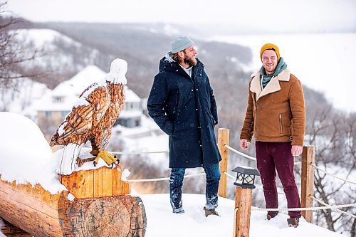 MIKAELA MACKENZIE / WINNIPEG FREE PRESS

Brett Sheffield (left) and Justin LeBlanc pose for a photo at the viewpoint (where they will host sunset yoga in the future) on the the Castleview Developments property, a 104 acre lot on Pelican Lake, in Manitoba on Tuesday, Jan. 24, 2023. They are planning on creating cabins, a wedding venue/corporate retreat, trails, and other amenities. Winnipeg Free Press 2023.