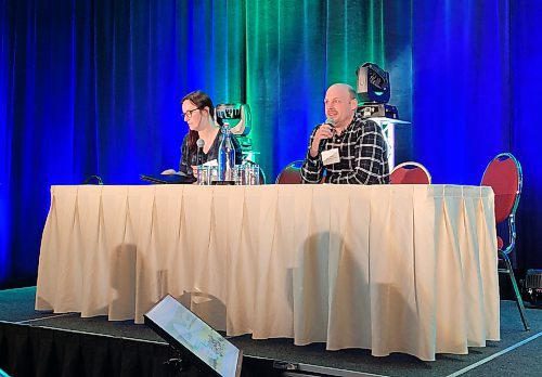  Kristelle Harper (right), of Circle H Farms just outside of Brandon and Jim Appleby (left) of Stoney Brook Creamery in Friedensfeld, Man., took part in a producer panel at the Manitoba Forage & Grassland Association's sixth annual conference on Nov. 13-15 in Brandon. (Miranda Leybourne/The Brandon Sun)