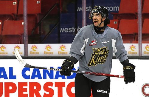 Matteo Michels smiles at his new Brandon Wheat Kings teammates during practice at Westoba Place on Tuesday. The Texan, who was acquired on Monday evening, pulled into Brandon shortly before he had to pull on his equipment. (Perry Bergson/The Brandon Sun)
Nov. 14, 2023