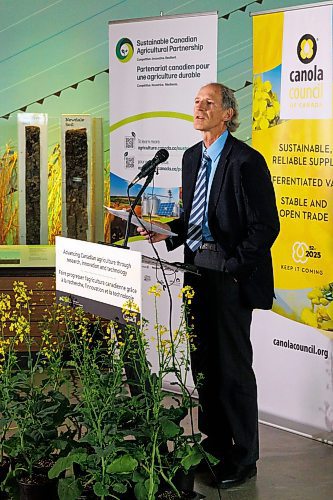 MIKE DEAL / WINNIPEG FREE PRESS
Curtis Rempel, VP of Crop Production and Innovation at the Canola Council of Canada, speaks during the announcement.
Lawrence MacAulay, Federal Minister of Agriculture and Agri-Food, announces over $9 million in funding to the Canola Council of Canada (CCC) through the AgriScience Program, while at the Bruce D. Campbell Farm and Food Discovery Centre, 1290 Research Station Road, Glenlea, MB, Tuesday morning.
See Martin Cash story
231114 - Tuesday, November 14, 2023.
