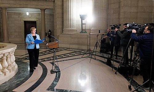 MIKE DEAL / WINNIPEG FREE PRESS
Federal Emergency Preparedness Minister Harjit Sajjan and Provincial Transportation and Infrastructure Minister Lisa Naylor hold media availability in the rotunda of the Manitoba Legislative building after they met today with members of the emergency community to discuss lessons learned after an historic wildfire season and years of sever floods. 
See Gabrielle Piche story
231114 - Tuesday, November 14, 2023.