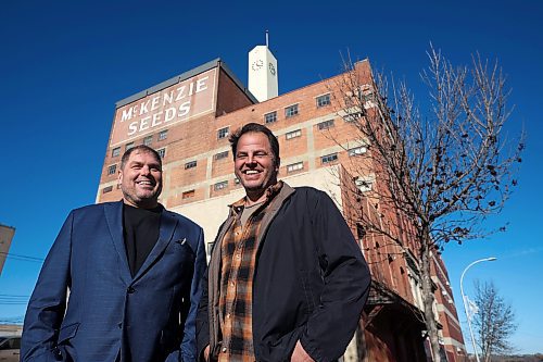 15112023
Adam Morand, President of Brandon Fresh Farms Inc., and Paul Souque, Vice-President, stand in front of the McKenzie Seeds building in downtown Brandon on Wednesday. Brandon Fresh Farms Inc. purchased the historic building with plans to create a vertical farm. (Tim Smith/The Brandon Sun)