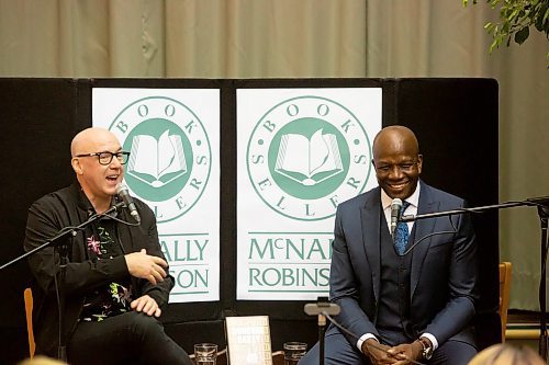 BROOK JONES / WINNIPEG FREE PRESS
Canadian sprinting legend Donovan Bailey (right) talking about his athletic career during his book launch at McNally Robinson in Winnipeg, Man., Wednesday, Nov. 15, 2023. An Evening with Donovan Bailey was hosted by 103.1 Virgin Radio personality Ace Burpee (left). Bailey, who is an Olympian in the sport of athletics (track &amp; field) and won double gold at the 1996 Summer Olympic Games in Atlanta, Ga., was in Winnipeg promoting his book Undisputed.