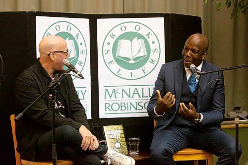 BROOK JONES / WINNIPEG FREE PRESS
Canadian sprinting legend Donovan Bailey sharing a story from his athletic career during his book launch at McNally Robinson in Winnipeg, Man., Wednesday, Nov. 15, 2023. An Evening with Donovan Bailey was hosted by 103.1 Virgin Radio personality Ace Burpee. Bailey, who is an Olympian in the sport of athletics (track &amp; field) and won double gold at the 1996 Summer Olympic Games in Atlanta, Ga., was in Winnipeg promoting his book Undisputed.