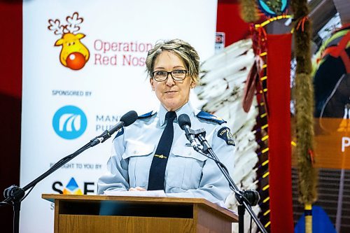 MIKAELA MACKENZIE / WINNIPEG FREE PRESS

RCMP officer Cathy Farrell speaks at the launch of Operation Red Nose on Friday, Nov. 17, 2023.  For Chris story.
Winnipeg Free Press 2023.