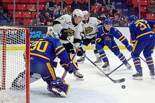 17112023
Matt Henry #67 of the Brandon Wheat Kings tries to get his stick on the loose puck in front of netminder Kolby Hay #30 of the Edmonton Oil Kings during WHL action at Westoba Place on Friday evening. 
(Tim Smith/The Brandon Sun)