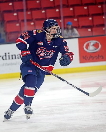 Brandonite Cole Temple (28) of the Regina Pats plays in his first Western Hockey League game in his hometown during a game against the Brandon Wheat Kings at Westoba Place on Jan. 4, 2023. (Tim Smith/The Brandon Sun)