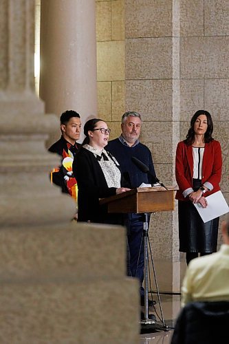 MIKE DEAL / WINNIPEG FREE PRESS
Laura Lapointe, individual with lived experience, speaks during the opening announcement of Substance Use and Addictions Awareness Week, at the Manitoba Legislative building Monday morning. Manitoba Substance Use and Addictions Awareness Week (M-SUAAW) provides an opportunity for Manitobans from all walks of life to engage in meaningful discussions and explore solutions for addressing the harms caused by substance use and addictions.
231120 - Monday, November 20, 2023.