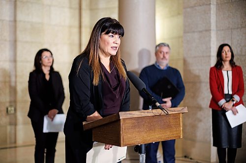 MIKE DEAL / WINNIPEG FREE PRESS
Housing, Addictions and Homelessness Minister Bernadette Smith, minister responsible for mental health, speaks during the opening announcement of Substance Use and Addictions Awareness Week, at the Manitoba Legislative building Monday morning. Manitoba Substance Use and Addictions Awareness Week (M-SUAAW) provides an opportunity for Manitobans from all walks of life to engage in meaningful discussions and explore solutions for addressing the harms caused by substance use and addictions.
231120 - Monday, November 20, 2023.
