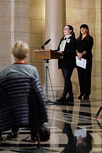 MIKE DEAL / WINNIPEG FREE PRESS
Laura Lapointe, individual with lived experience, speaks during the opening announcement of Substance Use and Addictions Awareness Week, at the Manitoba Legislative building Monday morning. Manitoba Substance Use and Addictions Awareness Week (M-SUAAW) provides an opportunity for Manitobans from all walks of life to engage in meaningful discussions and explore solutions for addressing the harms caused by substance use and addictions.
231120 - Monday, November 20, 2023.