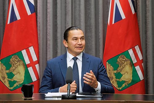 Premier Wab Kinew talks to the media prior to the Speech from the Throne that takes place later in the afternoon. (Mike Deal/Winnipeg Free Press)