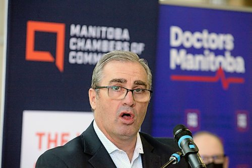Chuck Davidson, president of the Manitoba Chambers of Commerce, speaks to reporters about the release of a joint report with Doctors Manitoba aimed at recruiting and retaining doctors to work in rural and northern areas on Friday. ERIK PINDERA/WINNIPEG FREE PRESS