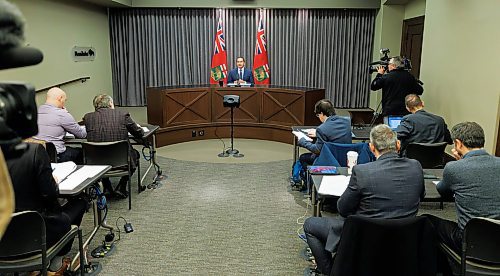 MIKE DEAL / WINNIPEG FREE PRESS
Premier Wab Kinew talks to the media prior to the Speech from the Throne that takes place later in the afternoon.
231121 - Tuesday, November 21, 2023.