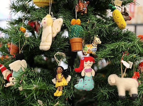 Christmas tree ornaments, hand-made by fair-trade artisans on display at Ten Thousand Villages Brandon store on Wednesday. (Michele McDougall/The Brandon Sun)