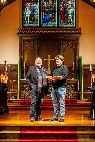 MIKAELA MACKENZIE / WINNIPEG FREE PRESS

Organist Dietrich Bartel (left) and composer Mark Holmes  Court at All Saints Anglican Church on Monday, Nov. 20, 2023. The church is marking its 140th anniversary with their annual advent procession of carols on Sunday, Dec. 3, featuring a composition by Holmes  Court. For faith story.
Winnipeg Free Press 2023.