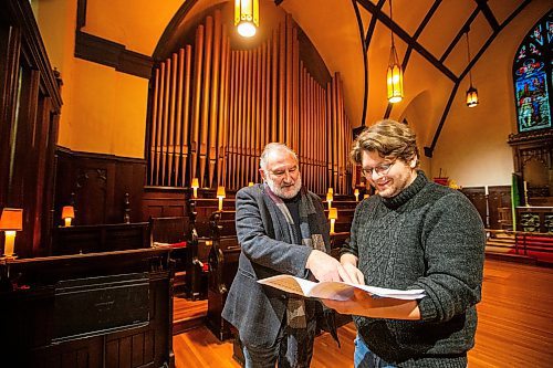 MIKAELA MACKENZIE / WINNIPEG FREE PRESS

Organist Dietrich Bartel (left) and composer Mark Holmes  Court at All Saints Anglican Church on Monday, Nov. 20, 2023. The church is marking its 140th anniversary with their annual advent procession of carols on Sunday, Dec. 3, featuring a composition by Holmes  Court. For faith story.
Winnipeg Free Press 2023.