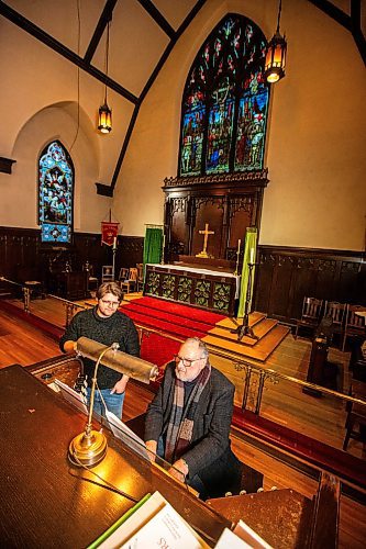 MIKAELA MACKENZIE / WINNIPEG FREE PRESS

Composer Mark Holmes  Court (left) and organist Dietrich Bartel at All Saints Anglican Church on Monday, Nov. 20, 2023. The church is marking its 140th anniversary with their annual advent procession of carols on Sunday, Dec. 3, featuring a composition by Holmes  Court. For faith story.
Winnipeg Free Press 2023.