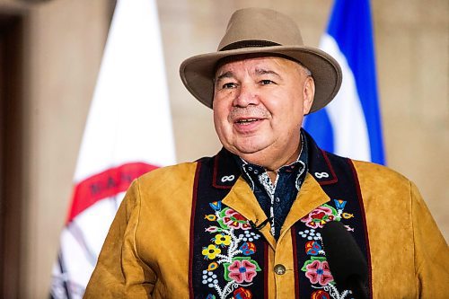 MIKAELA MACKENZIE / WINNIPEG FREE PRESS

MMF president David Chartrand speaks at the announcement of the introduction of legislation naming Louis Riel as the honourary first premier of Manitoba at the legislative building on Thursday, Nov. 23, 2023. For Danielle story.
Winnipeg Free Press 2023.