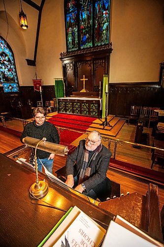 MIKAELA MACKENZIE / WINNIPEG FREE PRESS

Composer Mark Holmes  Court (left) and organist Dietrich Bartel at All Saints Anglican Church on Monday, Nov. 20, 2023. The church is marking its 140th anniversary with their annual advent procession of carols on Sunday, Dec. 3, featuring a composition by Holmes  Court. For faith story.
Winnipeg Free Press 2023.