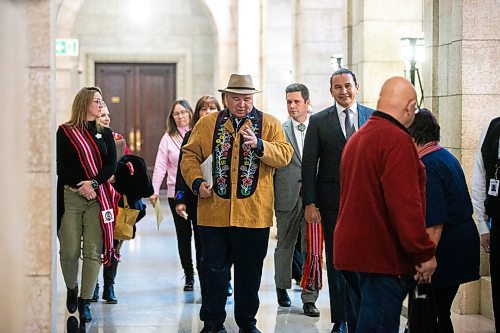 MIKAELA MACKENZIE / WINNIPEG FREE PRESS

MMF president David Chartrand (left) and premier Wab Kinew walk to the media event announcing the introduction of legislation naming Louis Riel as the honourary first premier of Manitoba at the legislative building on Thursday, Nov. 23, 2023. For Danielle story.
Winnipeg Free Press 2023.