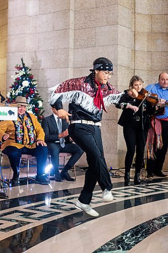 MIKAELA MACKENZIE / WINNIPEG FREE PRESS

The United Thunder Square Dancers perform at the announcement of the introduction of legislation naming Louis Riel as the honourary first premier of Manitoba at the legislative building on Thursday, Nov. 23, 2023. For Danielle story.
Winnipeg Free Press 2023.