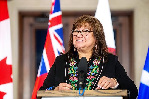 MIKAELA MACKENZIE / WINNIPEG FREE PRESS

Anita Campbell, spokeswoman with the Infinity Women Secretariat, speaks at the announcement of the introduction of legislation naming Louis Riel as the honourary first premier of Manitoba at the legislative building on Thursday, Nov. 23, 2023. For Danielle story.
Winnipeg Free Press 2023.