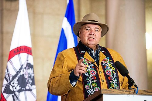 MIKAELA MACKENZIE / WINNIPEG FREE PRESS

MMF president David Chartrand speaks at the announcement of the introduction of legislation naming Louis Riel as the honourary first premier of Manitoba at the legislative building on Thursday, Nov. 23, 2023. For Danielle story.
Winnipeg Free Press 2023.