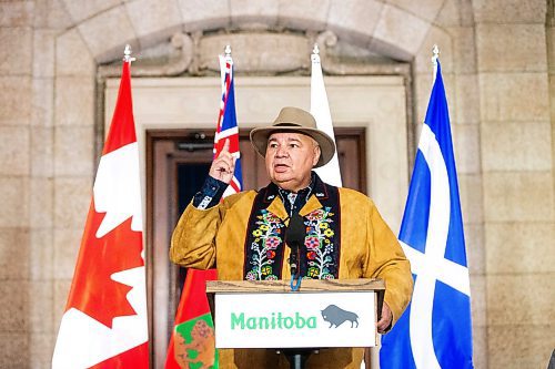 MIKAELA MACKENZIE / WINNIPEG FREE PRESS

MMF president David Chartrand speaks at the announcement of the introduction of legislation naming Louis Riel as the honourary first premier of Manitoba at the legislative building on Thursday, Nov. 23, 2023. For Danielle story.
Winnipeg Free Press 2023.