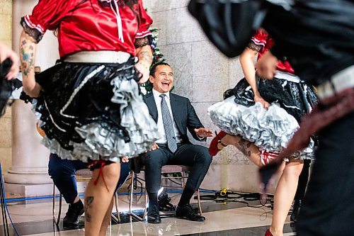 MIKAELA MACKENZIE / WINNIPEG FREE PRESS

Premier Wab Kinew enjoys the United Thunder Square Dancers performance at the announcement of the introduction of legislation naming Louis Riel as the honourary first premier of Manitoba at the legislative building on Thursday, Nov. 23, 2023. For Danielle story.
Winnipeg Free Press 2023.