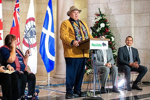 MIKAELA MACKENZIE / WINNIPEG FREE PRESS

MMF president David Chartrand speaks at the announcement of the introduction of legislation naming Louis Riel as the honourary first premier of Manitoba at the legislative building on Thursday, Nov. 23, 2023. For Danielle story.
Winnipeg Free Press 2023.