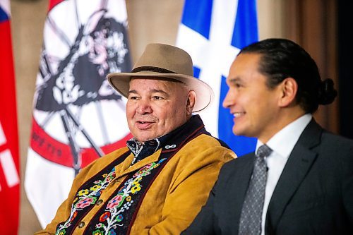 MIKAELA MACKENZIE / WINNIPEG FREE PRESS

MMF president David Chartrand (left) and premier Wab Kinew at a media event announcing the introduction of legislation naming Louis Riel as the honourary first premier of Manitoba at the legislative building on Thursday, Nov. 23, 2023. For Danielle story.
Winnipeg Free Press 2023.