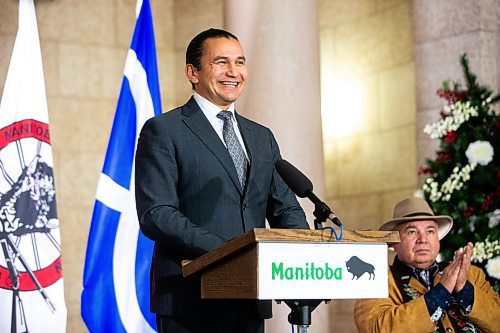 MIKAELA MACKENZIE / WINNIPEG FREE PRESS

Premier Wab Kinew announces the introduction of legislation naming Louis Riel as the honourary first premier of Manitoba at the legislative building on Thursday, Nov. 23, 2023. For Danielle story.
Winnipeg Free Press 2023.