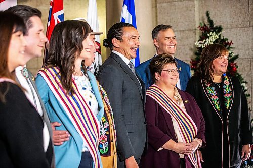 MIKAELA MACKENZIE / WINNIPEG FREE PRESS

Premier Wab Kinew poses for a photo with Metis MLAs, MMF representatives, and other dignitaries after announcing the introduction of legislation naming Louis Riel as the honourary first premier of Manitoba at the legislative building on Thursday, Nov. 23, 2023. For Danielle story.
Winnipeg Free Press 2023.