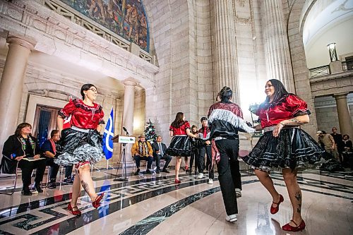 MIKAELA MACKENZIE / WINNIPEG FREE PRESS

The United Thunder Square Dancers perform at the announcement of the introduction of legislation naming Louis Riel as the honourary first premier of Manitoba at the legislative building on Thursday, Nov. 23, 2023. For Danielle story.
Winnipeg Free Press 2023.