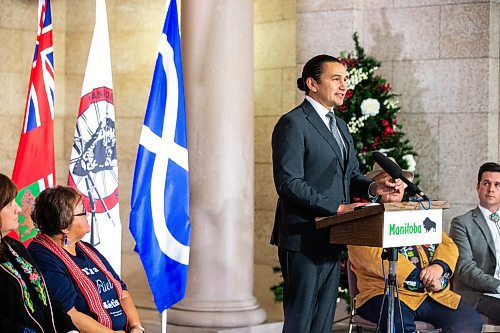 MIKAELA MACKENZIE / WINNIPEG FREE PRESS

Premier Wab Kinew announces the introduction of legislation naming Louis Riel as the honourary first premier of Manitoba at the legislative building on Thursday, Nov. 23, 2023. For Danielle story.
Winnipeg Free Press 2023.