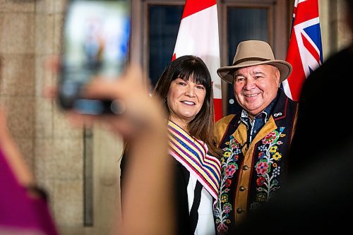 MIKAELA MACKENZIE / WINNIPEG FREE PRESS

Metis MLA Bernadette Smith and MMF president David Chartrand take a photo together after the announcement of the introduction of legislation naming Louis Riel as the honourary first premier of Manitoba at the legislative building on Thursday, Nov. 23, 2023. For Danielle story.
Winnipeg Free Press 2023.